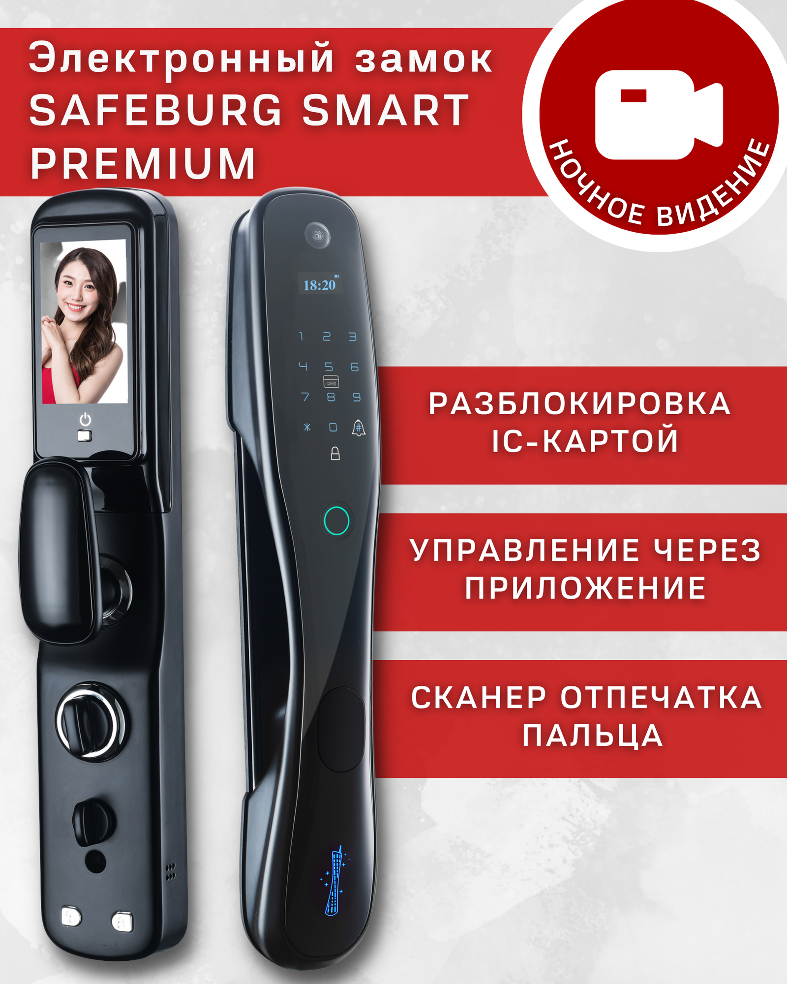 Дверной электронный умный смарт замок SAFEBURG SMART PREMIUM с видео звонком и сканером отпечатка