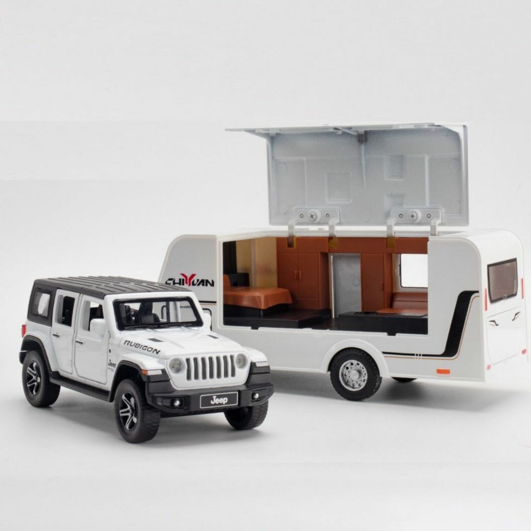 Машинка металлическая Jeep Rubicon 1:32 с прицепом, Коллекционная модель машины для взрослых, Игрушечный автомобиль с звуковыми и световыми эффектами для детей