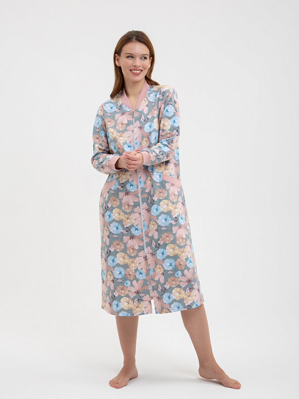 фото Халат женский Lilians, большие размеры, на молнии, утепленый, какао, цветы, размер 48