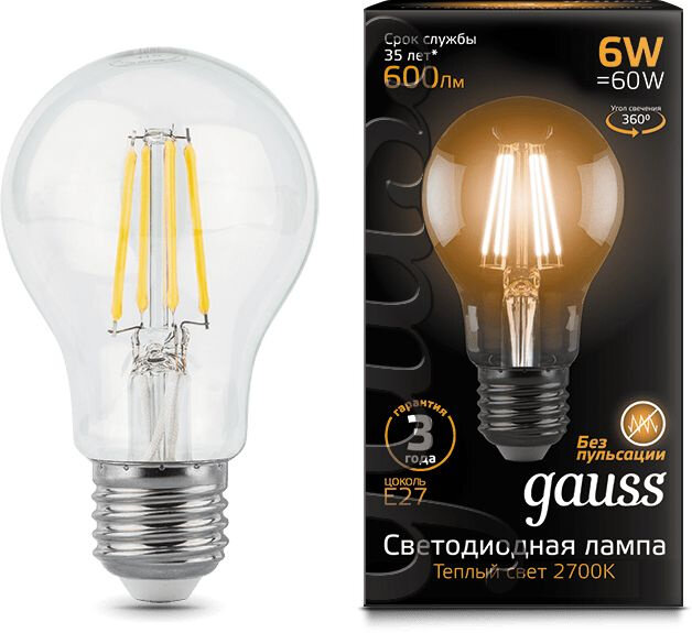 Лампа светодиодная Gauss Filament A60 6Вт цок. E27 груша 220B 2700K св. свеч. бел. теп. упак.1шт 1028021