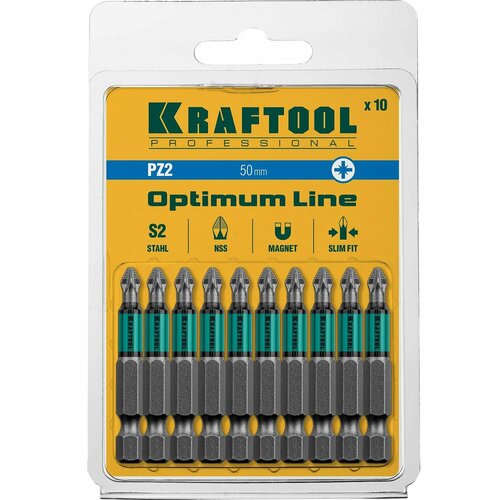 биты kraftool optimum line 26124 2 50 10 е 1 4 50 мм 10 шт pz2 Optimum PZ2, 50 мм, 10 шт, биты (26124-2-50-10)