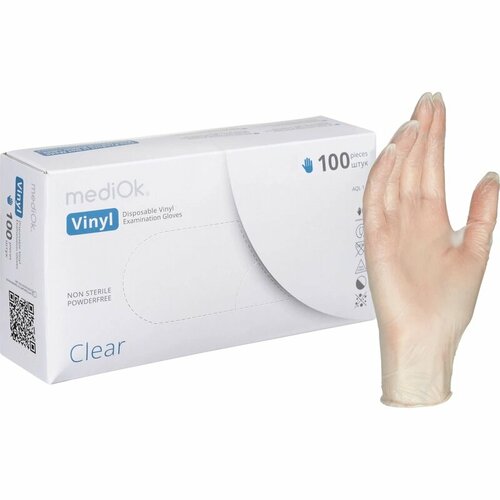 Смотровые перчатки mediOk виниловые размер S прозрачные 50 пар 400₽