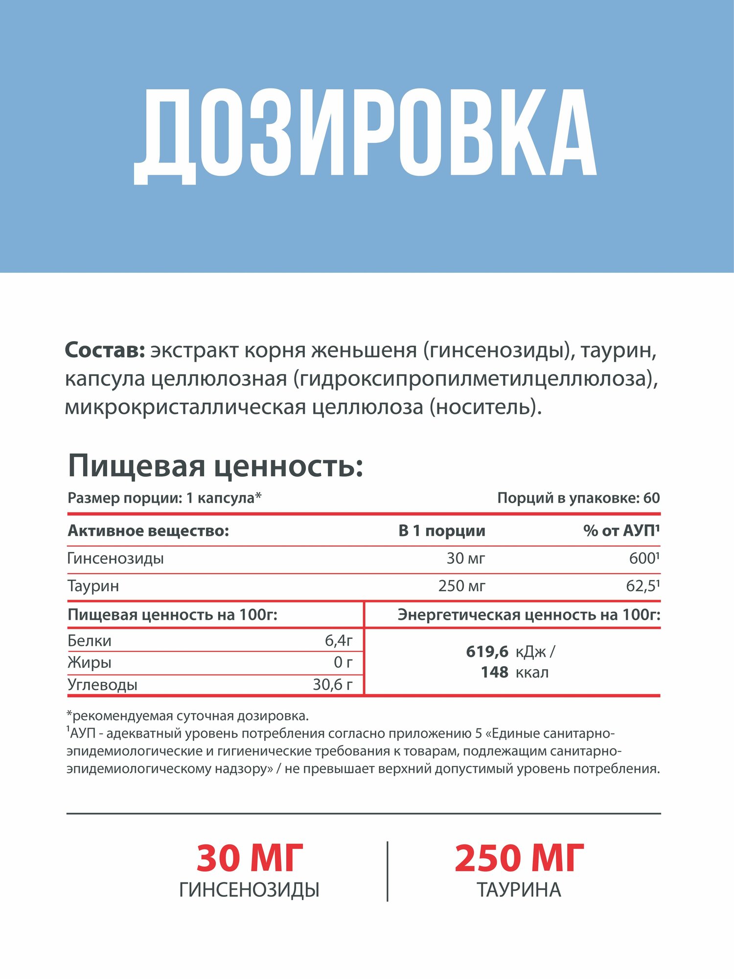 Изображение Женьшень с Таурином, витамины для энергии, иммунитета и настроения, 60 капсул