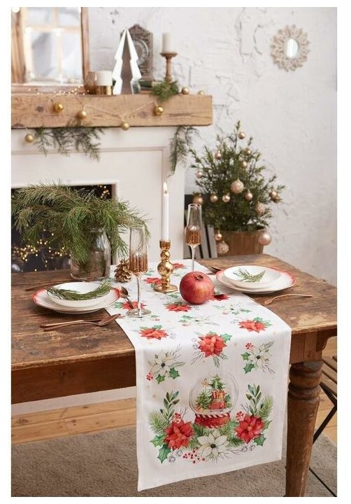 Дорожка на стол новогодняя Christmas red flowers 40*147 см 100% хл саржа 190гр/м2