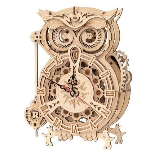 фото Деревянный конструктор robotime rokr - часы с совой (owl clock); 161 дет; 26,5*20,6*12,8 см; арт. lk 503