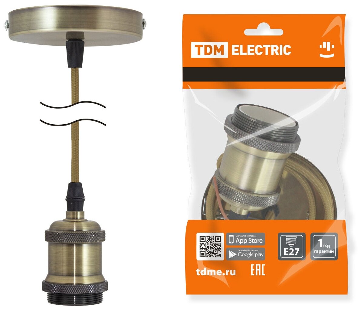 Патрон Е27 с подвесом 1 м, металлический "Лофт", бронза, TDM SQ0335-0071 (1 шт.)