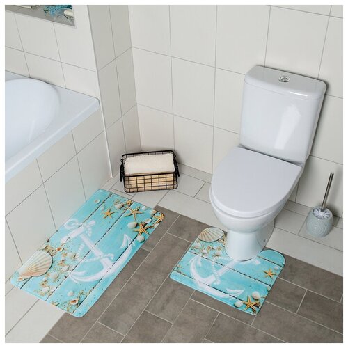 фото Доляна набор ковриков для ванны и туалета доляна «якорь», 2 шт: 40×45, 45×75 см