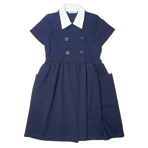 Leya.me Синее школьное платье с двубортной застежкой и накладными карманами 158