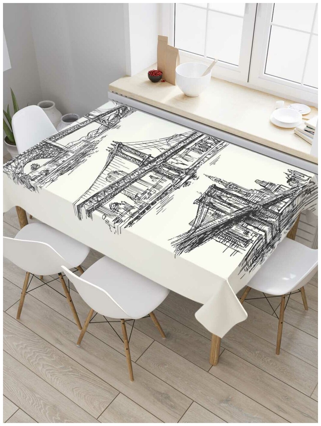 Скатерть прямоугольная JoyArty на кухонный стол "Черчения мостов" из оксфорда, 120x145 см