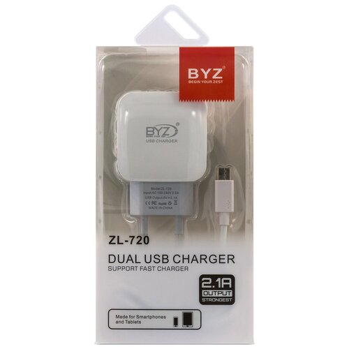 Сетевое ЗУ BYZ ZL-720, 2хUSB-А, 2.1А + кабель (AM-Type-C), 1 м, белый сетевое зу byz zl 720 2хusb а 2 1а кабель am microbm 1 м белый