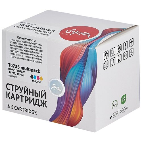 Набор струйных картриджей для Epson C79/C90/C92/C110/CX3900/T11/T13/T20/TX100/TX101/TX102/TX200/TX203/TX209/TX210/TX400/TX409 C13T10554A10 Sakura SIC13T10554A10 (T0735 BK/C/M/Y) для Epson, мультипак, 11,4 мл, 490 к.