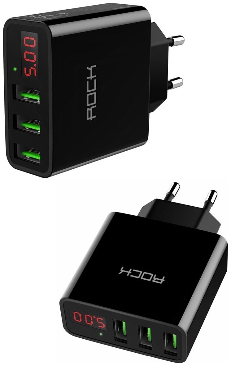 Сетевое зарядное устройство Rock T14 Travel Charger with Display, 3USB, 3A, чёрный