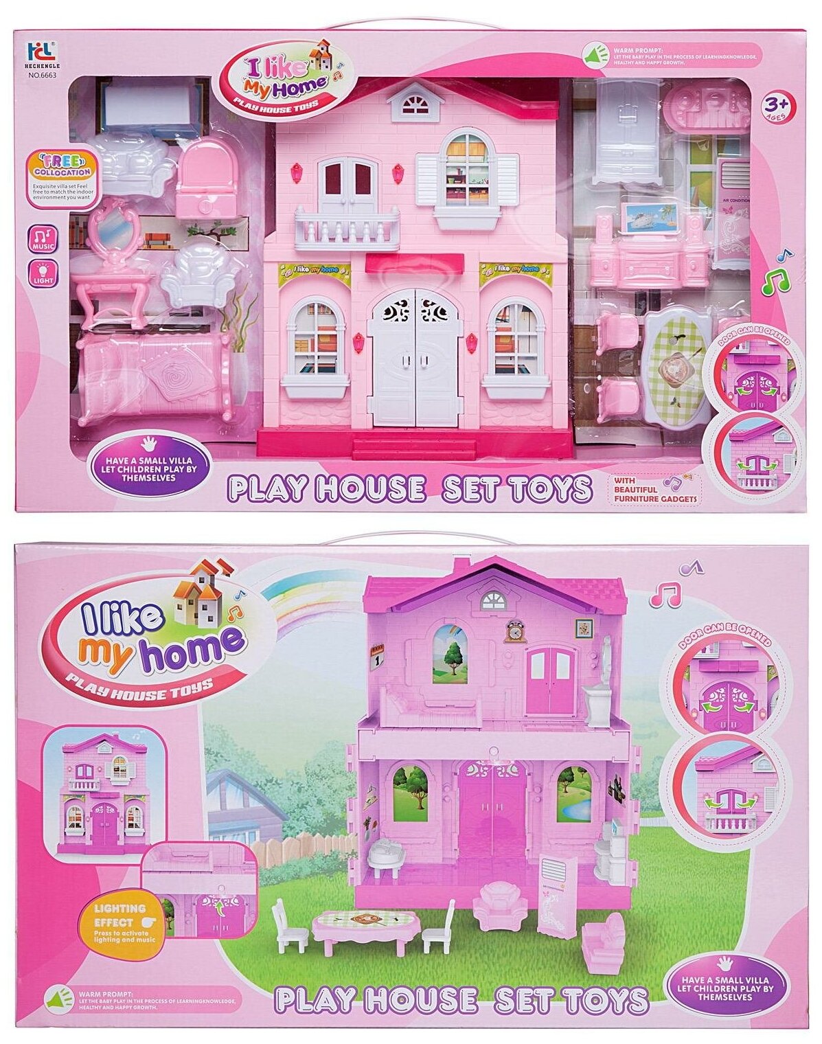 Дом кукольный Мой новый дом с мебелью малый розовый сборный со звуковыми и световыми эффектами в коробке - Junfa Toys [WK-15511]