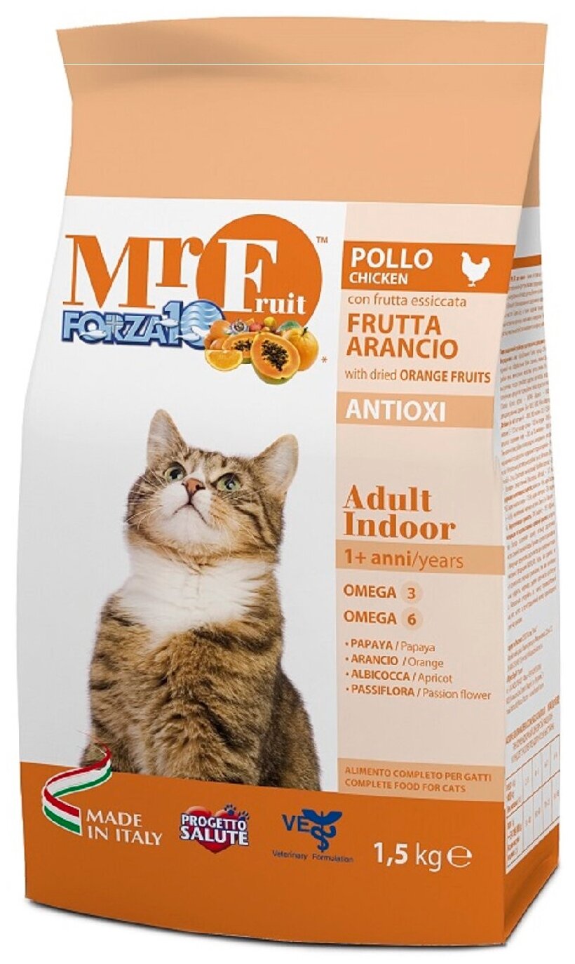 Корм Forza10 Mr.Fruit Adult Indoor для домашних кошек, с курицей и фруктами, 400 г