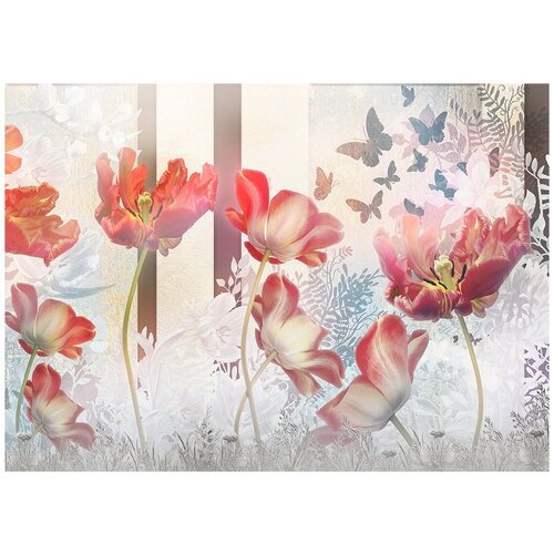 Красные тюльпаны и бабочки живопись - Виниловые фотообои, (211х150 см)