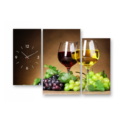 Часы настенные на стекле | Diva Kartina | Еда. Бокалы вина | 100X70 см | Немецкий механизм