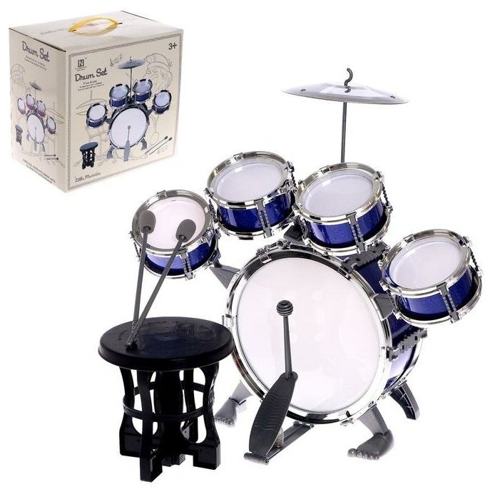 Барабанная установка "Басист", 5 барабанов, тарелка, палочки, стульчик, педаль, микс 5246446