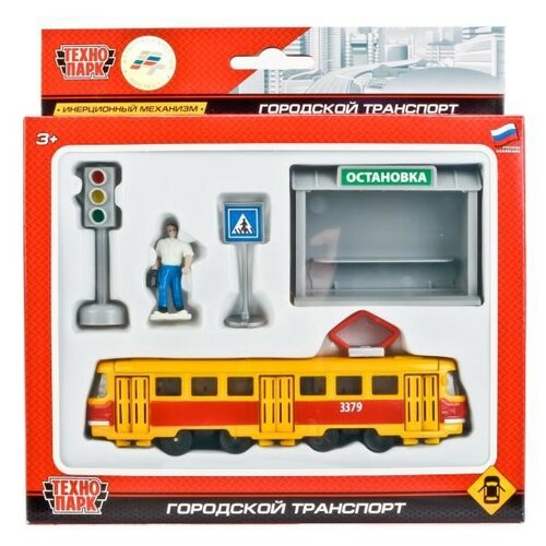 фото Технопарк набор трамвай 16,5 см с остановкой и аксессуарами, металл 245735 sb-17-14-a-wb с 3 лет