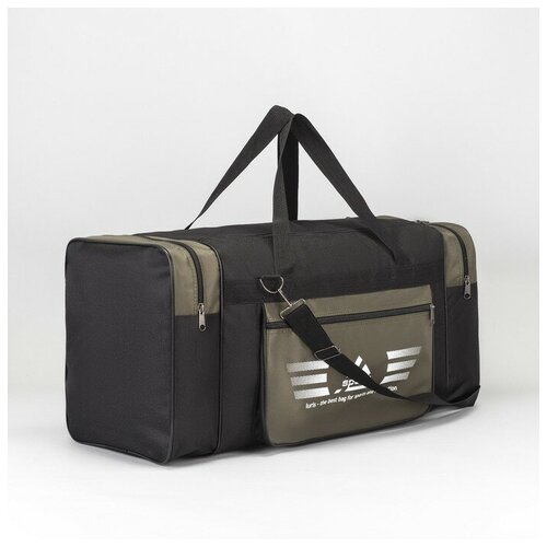фото Сумка дорожная на молнии, 3 наружных кармана, длинный ремень, цвет чёрный/хаки luris