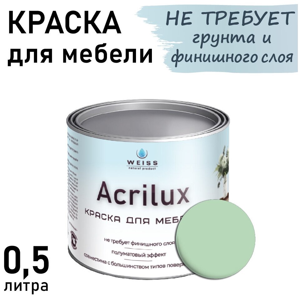 Краска Acrilux для мебели 0,5л RAL 6019, для кухонных фасадов, для декора, для творчества, моющаяся. без запаха