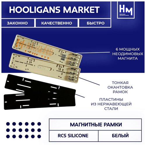 Магнитные рамки для номеров автомобиля / Быстросъемные RCS силиконовые (белые), 2 шт