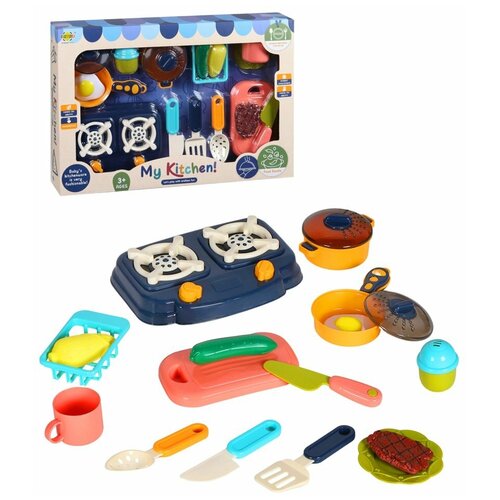 Детский игровой набор, Игрушечная посуда и продукты, плита, посудка, столовые приборы, продукты, играем в повара, сюжетные игры, синий, JB0209658