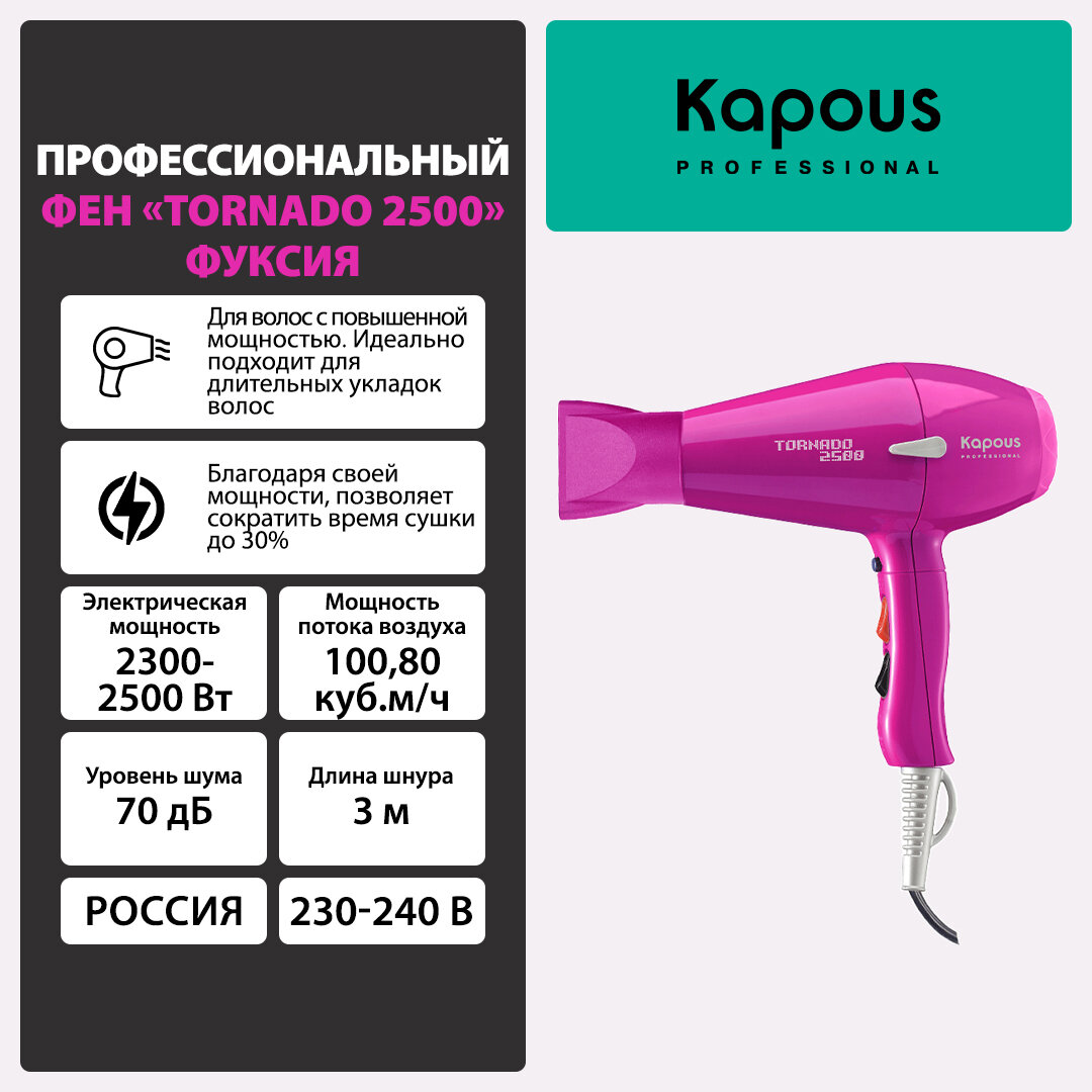 Фен профессиональный Kapous Tornado 2500, фуксия