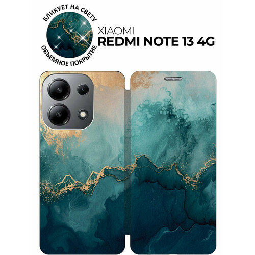 фото Чехол-книжка на xiaomi redmi note 13 4g с принтом "малахитовый мрамор" черный bestluck