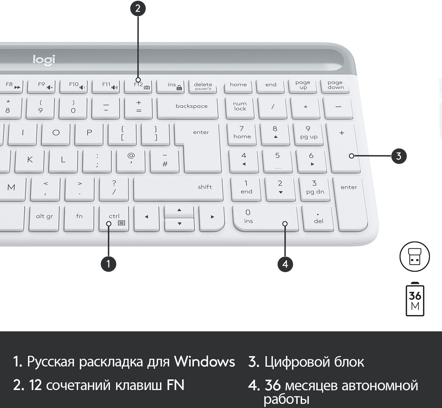Комплект (клавиатура+мышь) Logitech Combo MK470, USB, беспроводной, белый [920-009207]