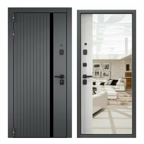 Дверь входная металлическая квартирная бульдорс 90 РP 2050x860 Левая Букле черный Шагрень графит/Белый матовый, зеркало