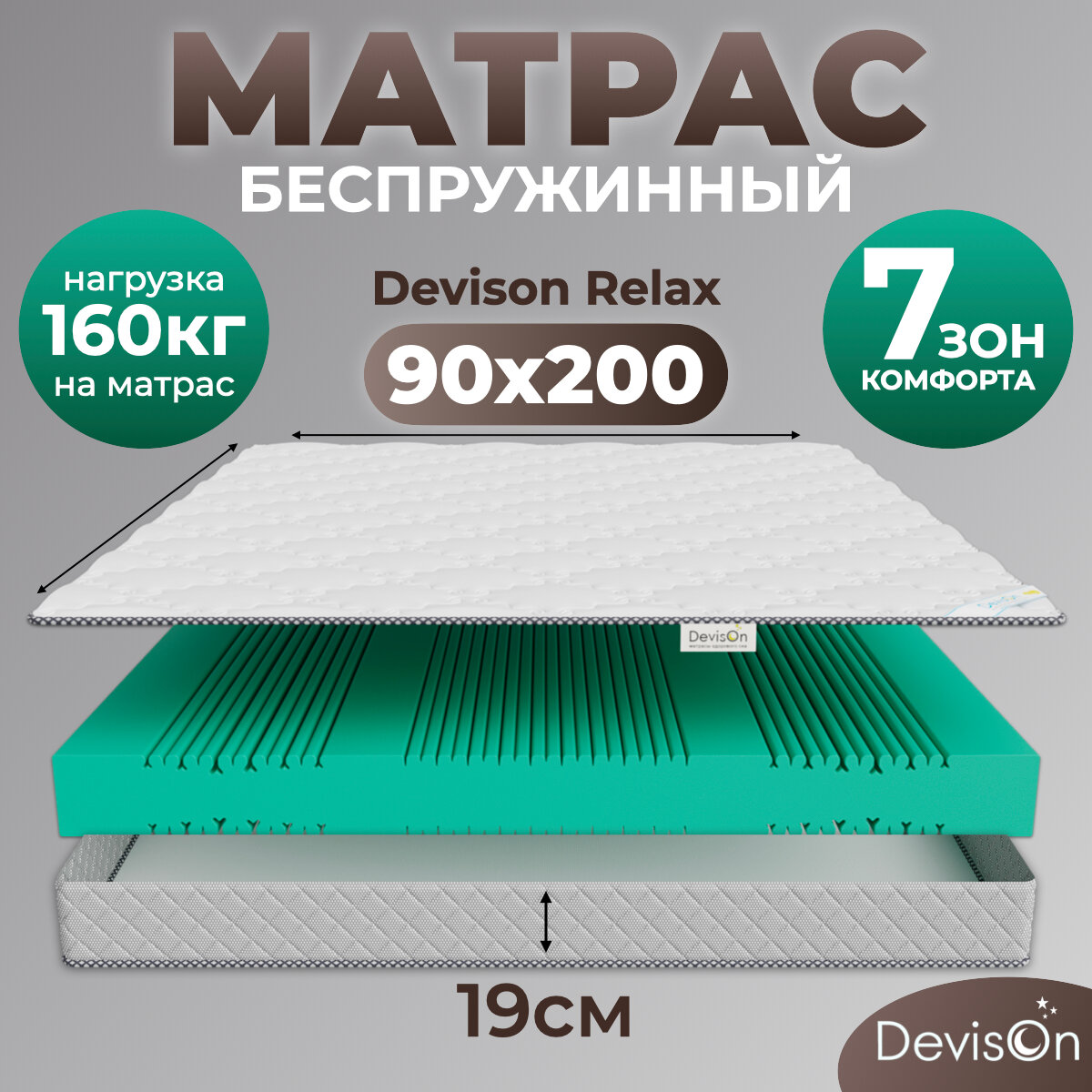 Матрас 90х200 ортопедический беспружинный для кровати Devison Relax