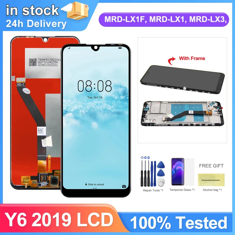 6,09-дюймовый ЖК-экран для Huawei Y6 2019, замена дигитайзера сенсорного экрана с рамкой для Huawei Y6 2019 MRD-LX1F, Black With Frame — фото 1