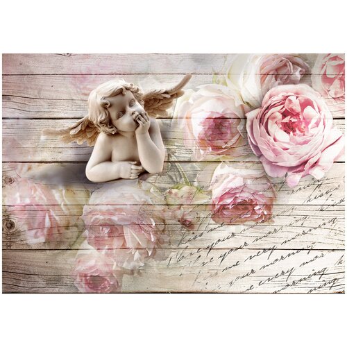 Фотообои Уютная стена 3D ангелочек с цветами 380х270 см Виниловые Бесшовные (единым полотном)
