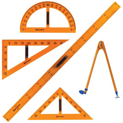 Чертежный набор принадлежностей для классной / школьной доски (2 треугольника, транспортир, циркуль, линейка 100 см), Brauberg