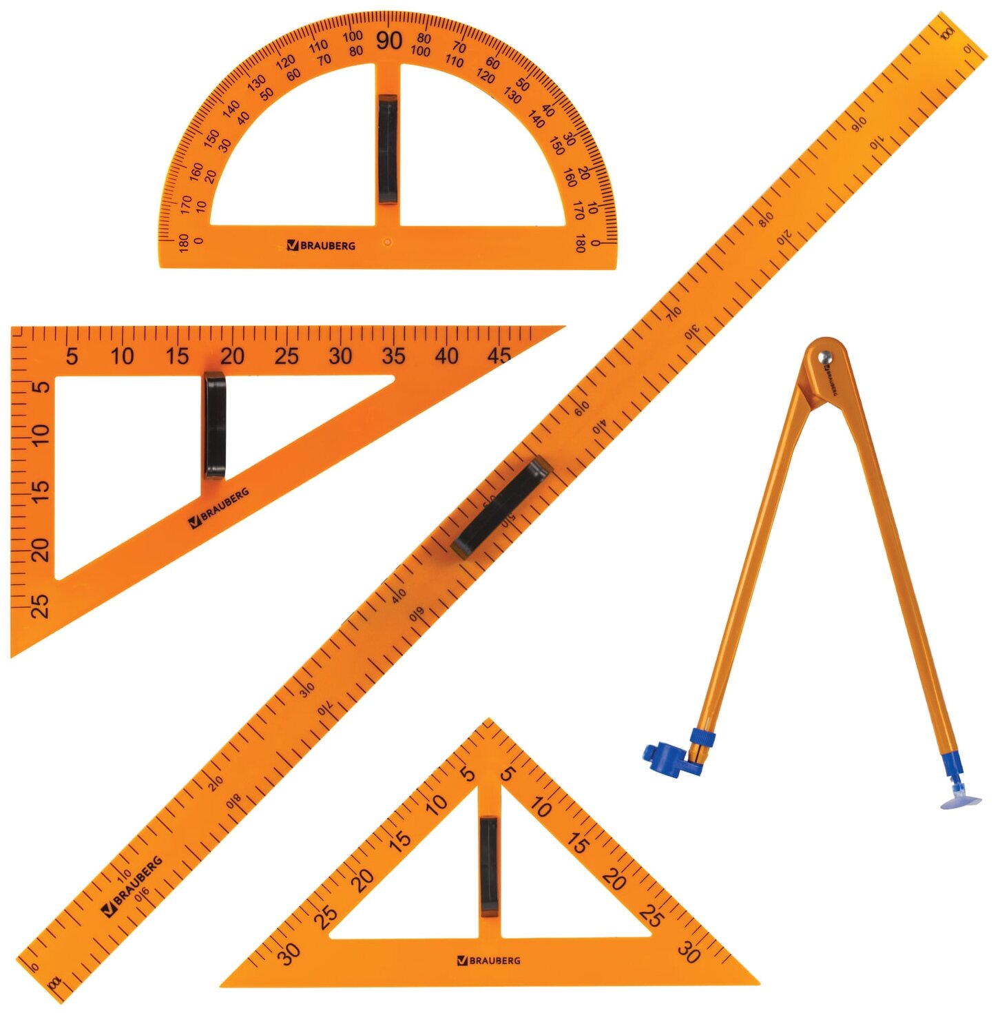 Brauberg Набор чертежный для классной доски 2 треугольника, транспортир, циркуль,линейка, 210383 .