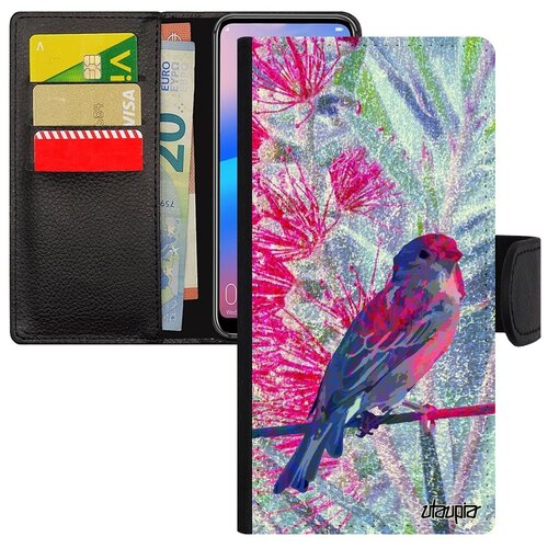 фото Необычный чехол книжка на смартфон // huawei p20 pro // "воробей" дизайн воробышек, utaupia, фуксия