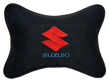 Автомобильная подушка на подголовник алькантара Black с логотипом автомобиля SUZUKI