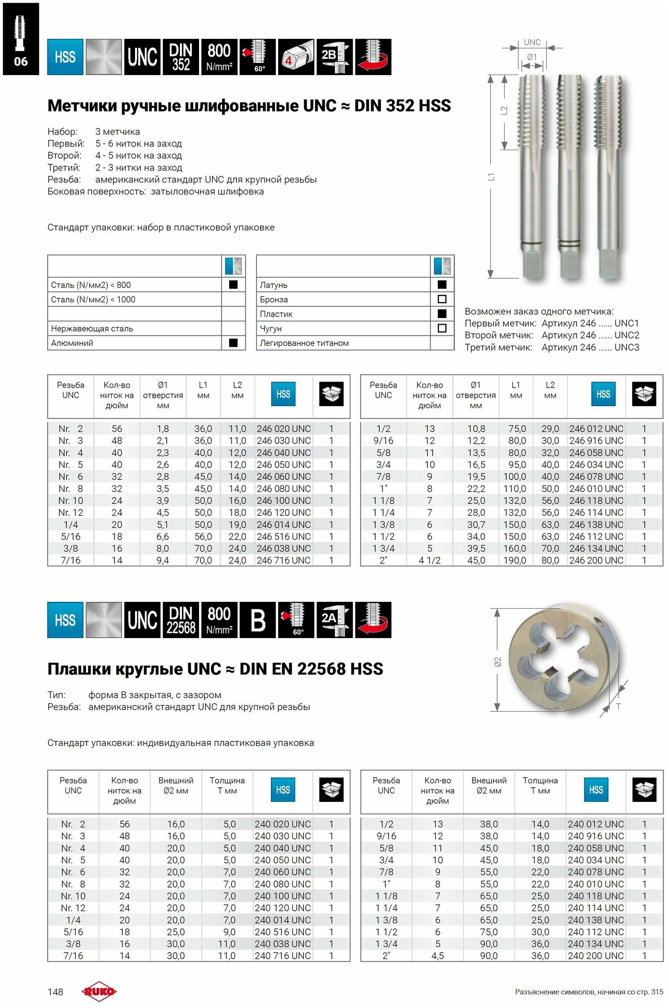 Метчик Ruko 3/8" -16-UNC (Одиночный №3) HSS G DIN352 C/2-3P 2B 60° 246038UNC3