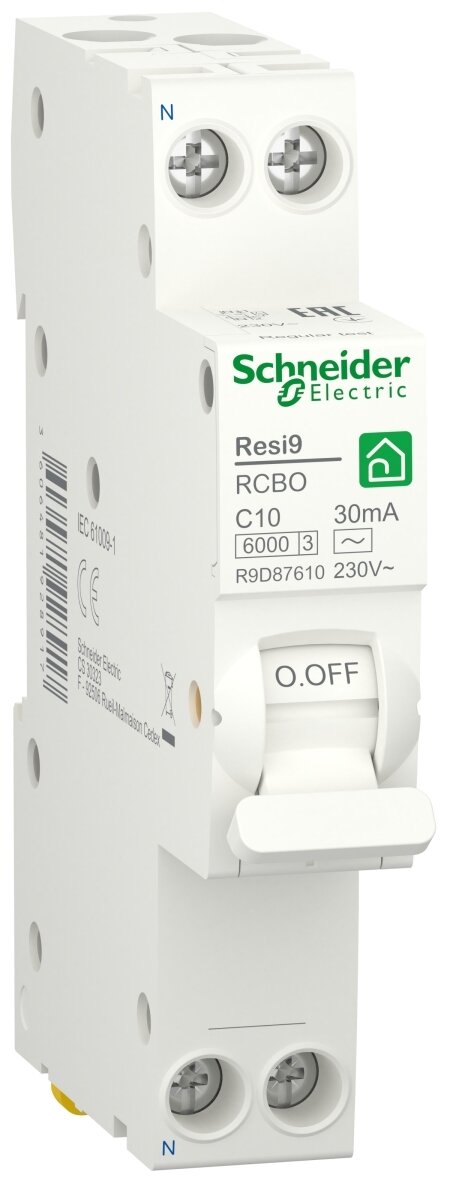 Дифф. автомат 2Р 10А 30мА 6кА С AC 1P+N 18мм Resi9 Schneider Electric