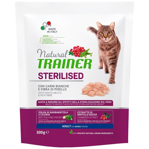 TRAINER NATURAL ADULT CAT STERILISED WITH WHITE MEATS  & PEA FIBRE для взрослых кастрированных котов и стерилизованных кошек с мясом и клетчаткой гороха (0,3 кг)