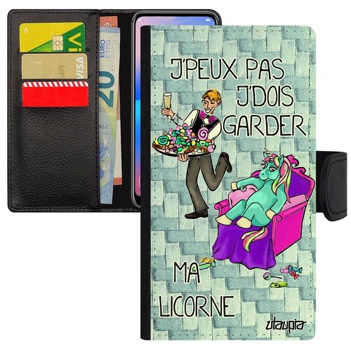 фото Защитный чехол книжка на смартфон // iphone xr // "не могу - сижу с единорогом!" карикатура принт, utaupia, голубой
