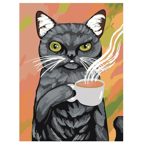 Картина по номерам, Живопись по номерам, 60 x 80, A130, серый, кот, чашка, кофе, утро