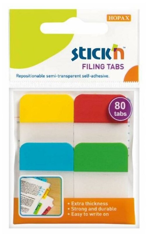 Закладки самокл. разделители пластиковые Stick`n 21607 25x38мм 4цв. в упак. 20лист с цветным краем ев