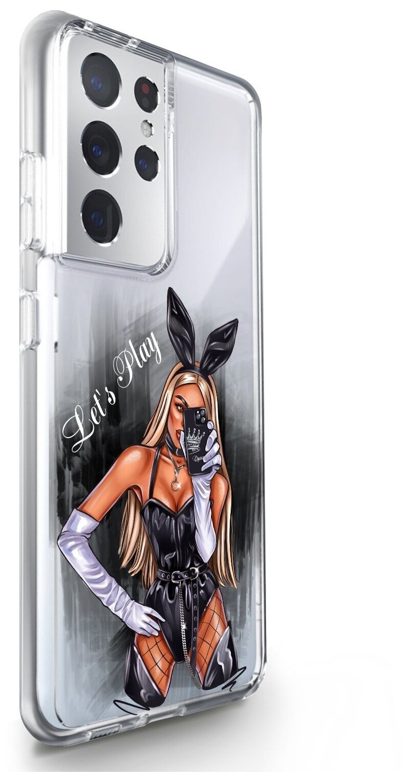Прозрачный силиконовый чехол для Samsung Galaxy S21 Ultra Игривая зайка Let's Play для Самсунг Галакси С21 Ультра