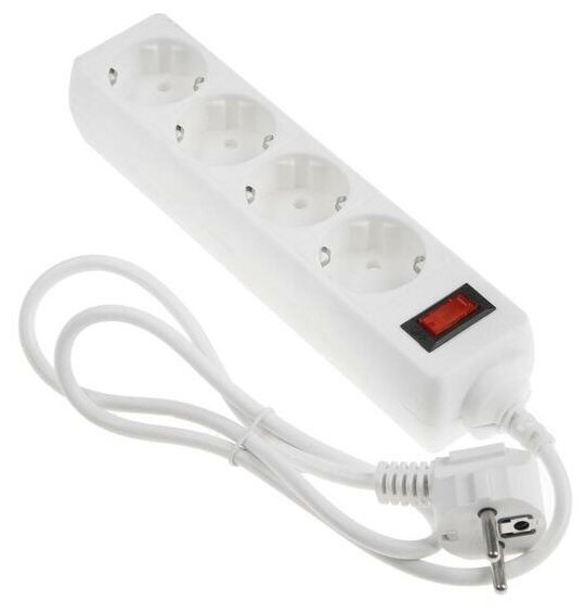 Сетевой фильтр Luazon Lighting, 4 розетки, 1.0 м, 2200 Вт, 3 х 0.75 мм2, 10 A, 220 В, белый