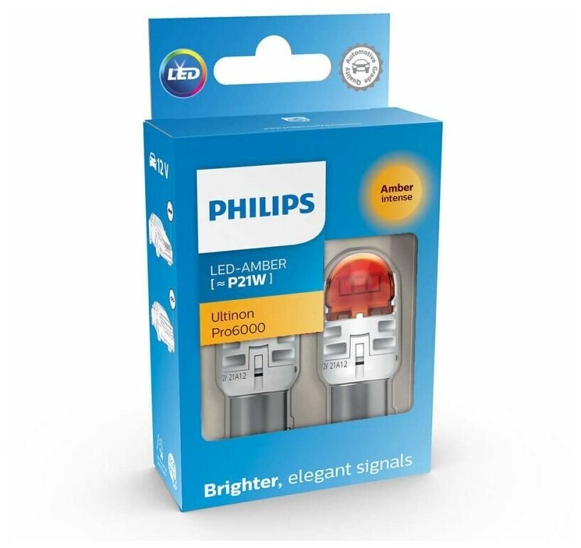 Лампа автомобильная PHILIPS P21W (BA15S) LED Amber Ultinon Pro6000 80лм 12V, 2шт