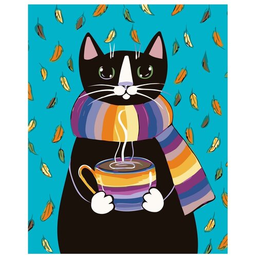 Картина по номерам, Живопись по номерам, 48 x 60, A449, чашка чая, чёрный кот, шарф, животные, осень, Горячий напиток, листья