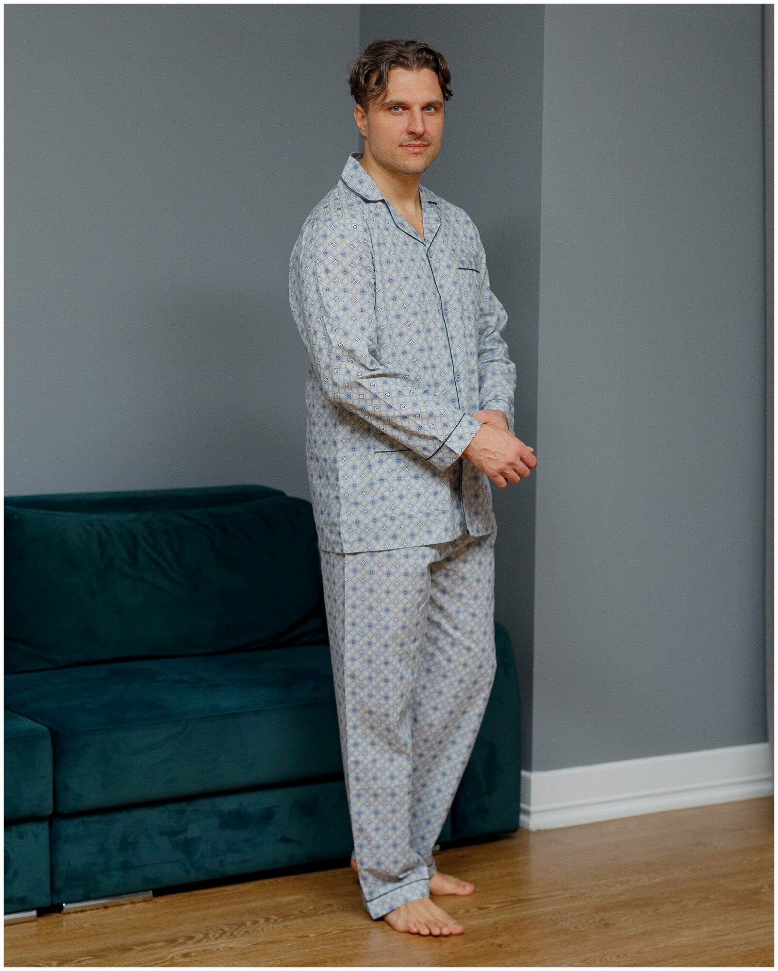 Пижама мужская с брюками и рубашкой с длинным рукавом хлопок Global_размер52 - фотография № 2