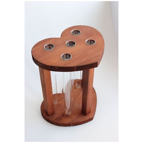 фото Ваза (подставка, бокс) деревянная с 5 стеклянными пробирками в форме сердца коричневая (дуб) wood&tube