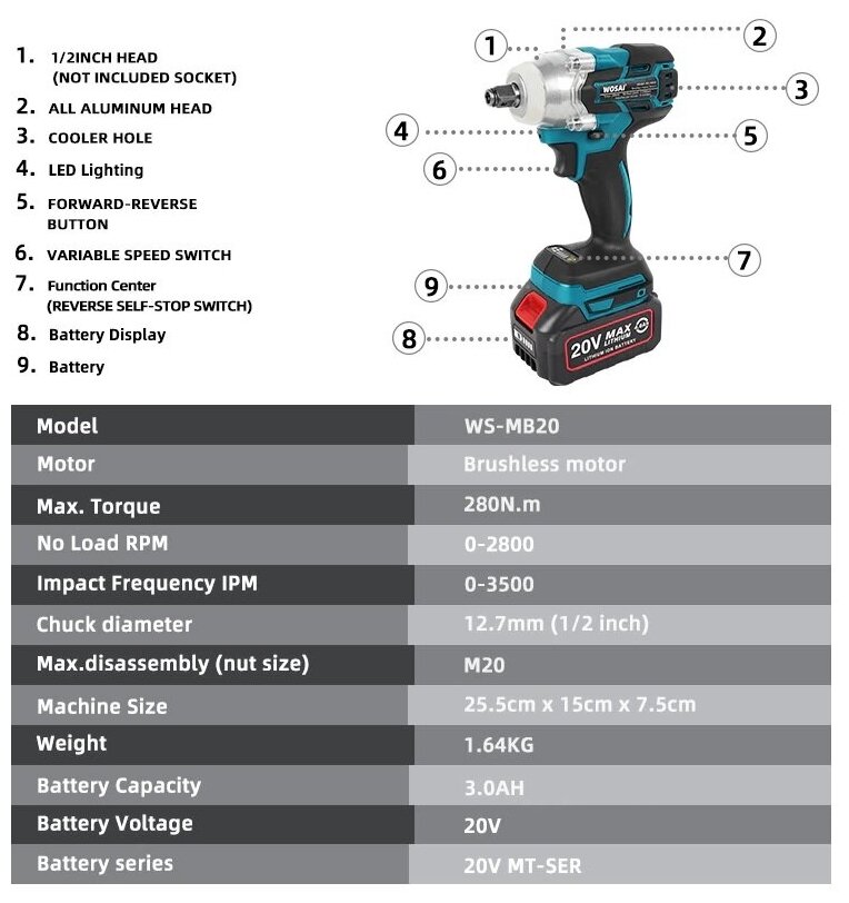 Аккумуляторный ударный гайковерт VVOSAI (WOSAI) 20В 3Ач WS-MB20-A2 - фотография № 5